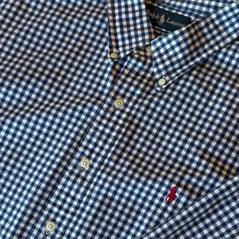 Ralph Lauren Custom Fit Gingham Shirt Button Down Navy White Mens Size XXL - Picture 5 of 9